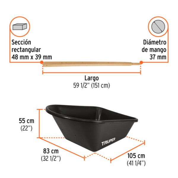 Carretilla de Plástico Truper T-8 Negro Doble Llanta Neumática (2)