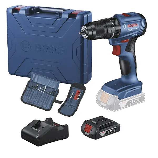 Taladro percutor 1-2 pulgadas Bosch GSB 185-LI 18V 1 bat, 23 acc y maletín (1)